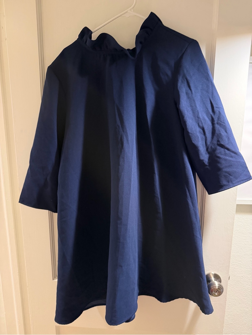 Pomander Place Navy Ruffle-Neck Casual Button Down Shirt